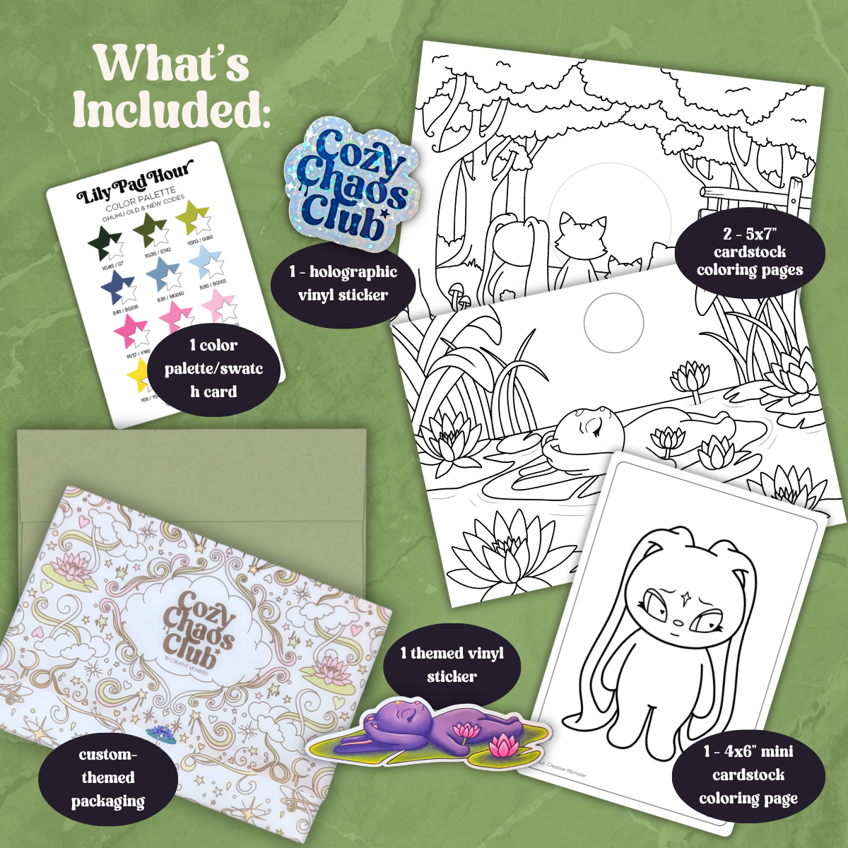 A product bundle layout on a green textured background showing included items: coloring pages, a vinyl sticker, a swatch card, a themed sticker, and custom packaging. Text reads 'What's Included:' and labels each component.