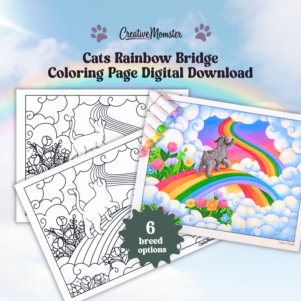 Rainbow Bridge Cat Coloring Page | Digital Download