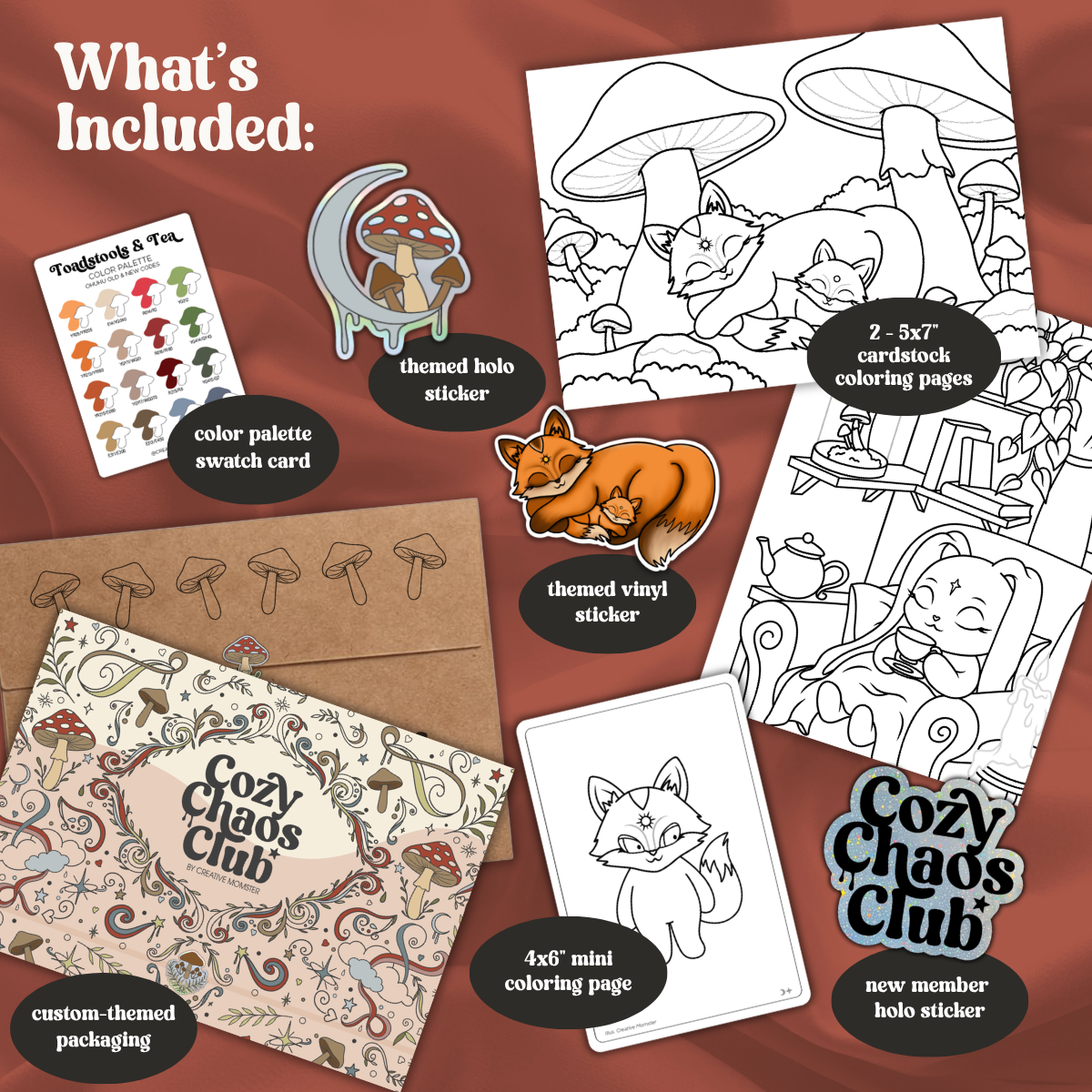 A product bundle display for 'Cozy Chaos Club' featuring a custom-themed packaging box, a color palette swatch card, a themed holo sticker, a vinyl sticker, a coloring page, and a mini coloring page, all arranged on a textured reddish-brown background with 'What's Included:' text.