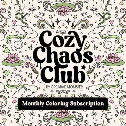 Promotional graphic for a 'Cozy Chaos Club' monthly coloring subscription by Creative Monster, featuring a hand-drawn pattern of clouds, lotus flowers, hearts, and swirls on a cream background.