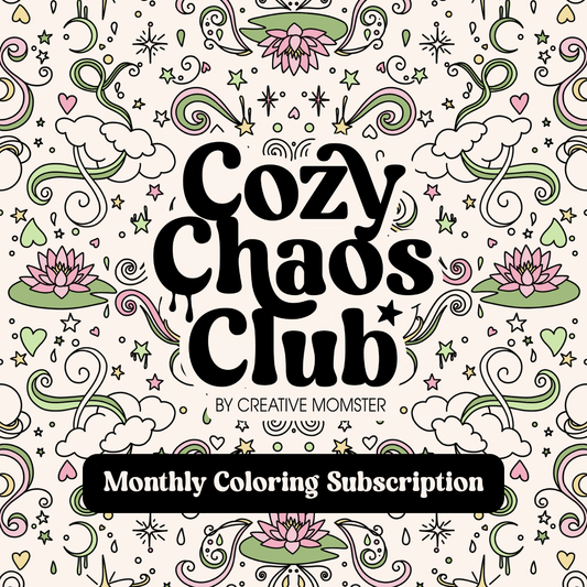 Promotional graphic for a 'Cozy Chaos Club' monthly coloring subscription by Creative Monster, featuring a hand-drawn pattern of clouds, lotus flowers, hearts, and swirls on a cream background.