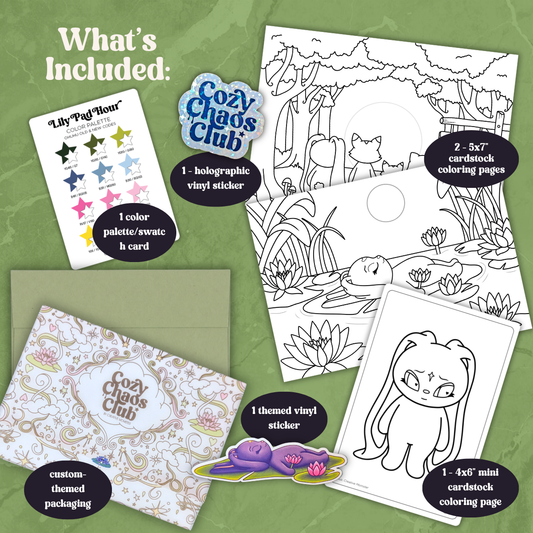 A product bundle layout on a green textured background showing included items: coloring pages, a vinyl sticker, a swatch card, a themed sticker, and custom packaging. Text reads 'What's Included:' and labels each component.